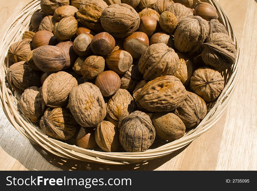 A close-up of a basket of various nuts. A close-up of a basket of various nuts.