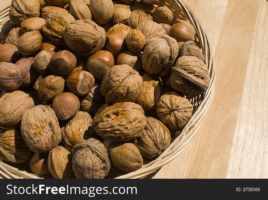 A close-up of a basket of various nuts. A close-up of a basket of various nuts.