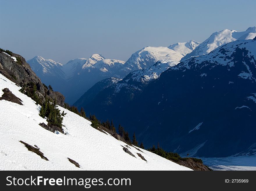 Mountain range with glaciers in Alaska in June. Mountain range with glaciers in Alaska in June