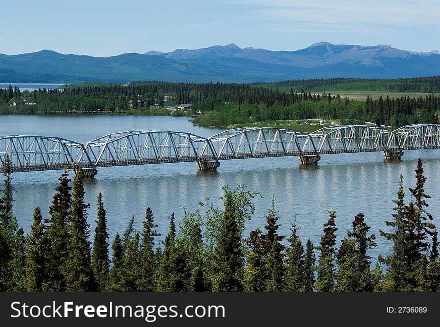 Bridge across Teslin lake along Alaska highway. Bridge across Teslin lake along Alaska highway