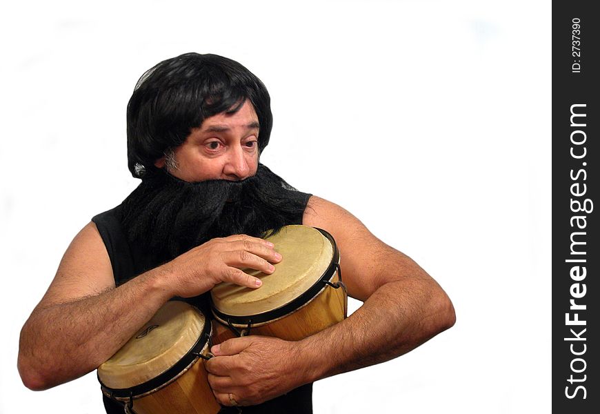 A hairy bearded bongo man playing the bongos,over white