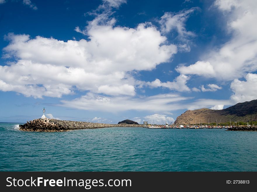 A seaside view of Waianae Harbor