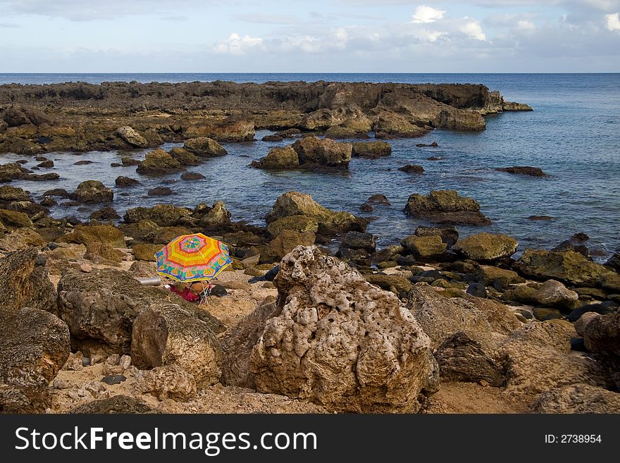 A single sunbather near Shark's Cove in Hawaii. A single sunbather near Shark's Cove in Hawaii