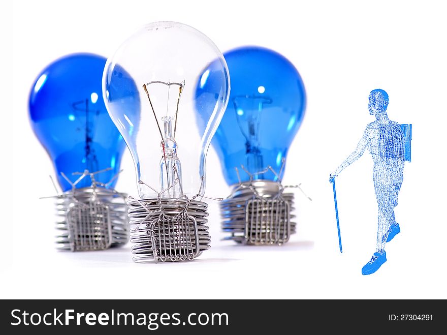 Three light bulbs and wire-man with laptop. Three light bulbs and wire-man with laptop
