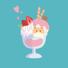 Delicious Pink And Brown Ice Cream With A Cat. Strawberry And Chocolate Ice Cream With Strawberries, Wafer Rolls And A Slice Of Ch Royalty Free Stock Image