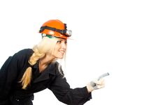 Builder In The Helmet Indicates A Hand Stock Image