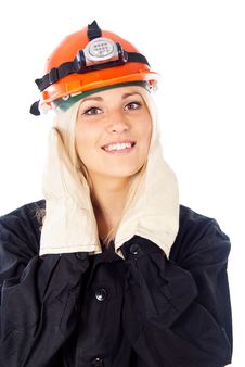 Happy Girl In A Construction Helmet Stock Photo