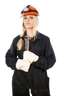 Builder Girl In A Helmet With A Key Stock Images