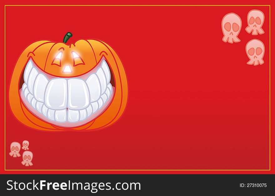 Card with pumpkin smiling showing teeth for halloween. Card with pumpkin smiling showing teeth for halloween