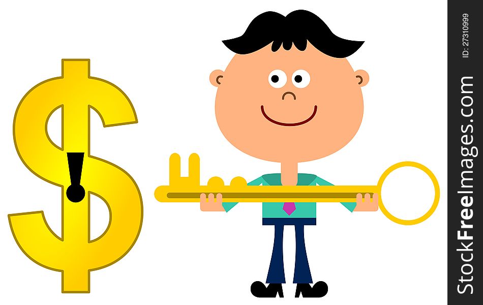 An illustration of a business man holding a key and a dollar sign with a key hole. An illustration of a business man holding a key and a dollar sign with a key hole