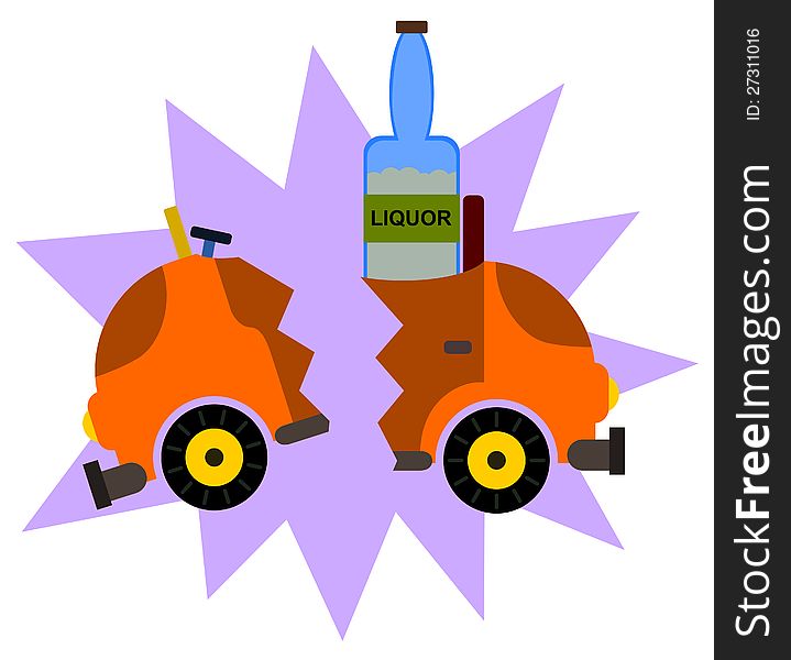 Illustration of a broken car with a liquor bottle riding in it. Illustration of a broken car with a liquor bottle riding in it