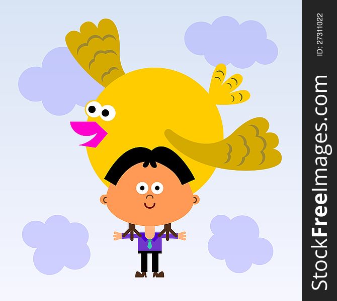 A cute illustration of a business man carried by a giant bird. A cute illustration of a business man carried by a giant bird