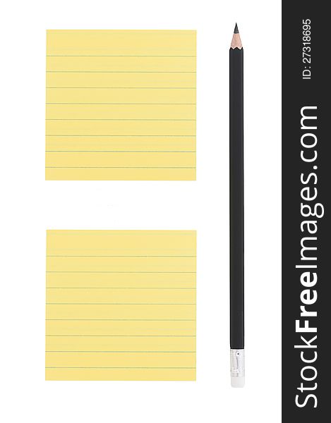 Pencil and two yellow notes on white background