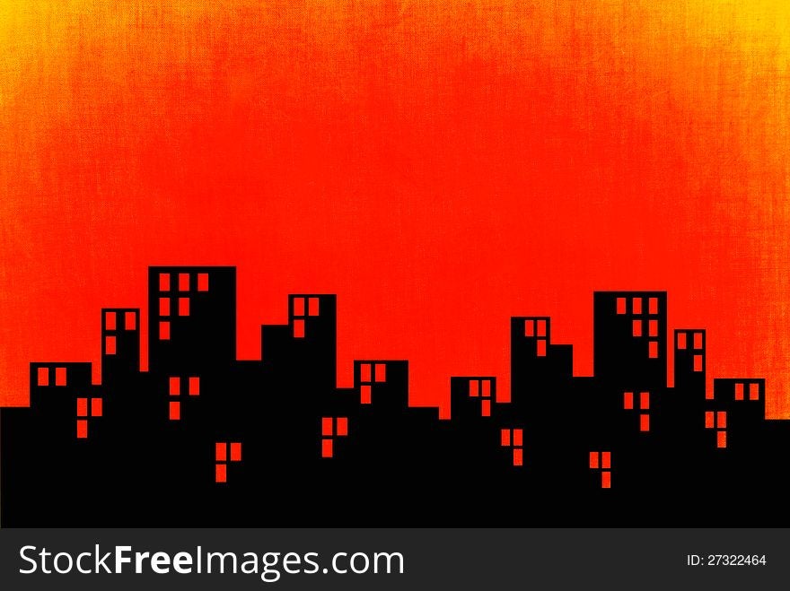 Illustration of city ,sunset over the city with orange background