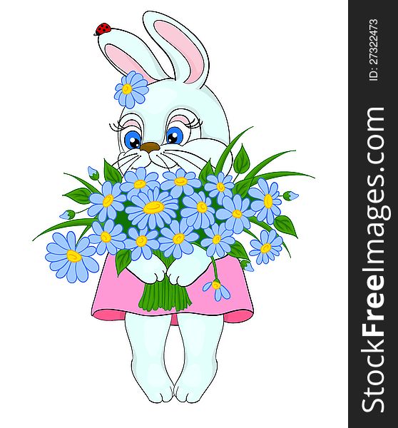 Cartoon bunny with a big bouquet of flowers daisies, with isolation on a white background