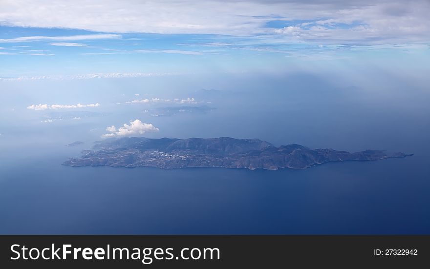 Flight over Greek Islands, photo through the window of the. Flight over Greek Islands, photo through the window of the