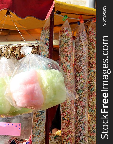 Big variation of cotton candy and sweet popcorn