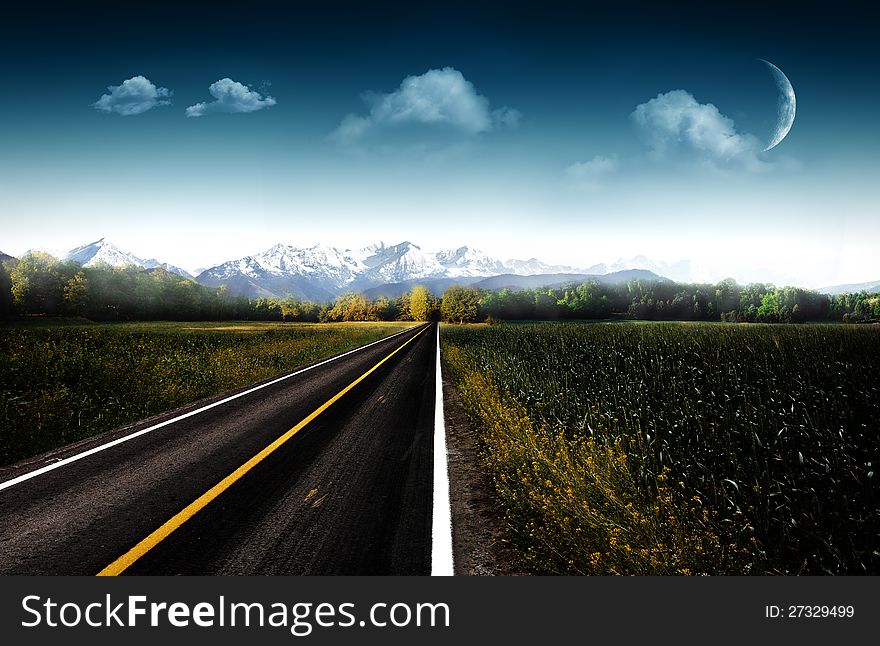 Evening. Abstract natural backgrounds with asphalt road