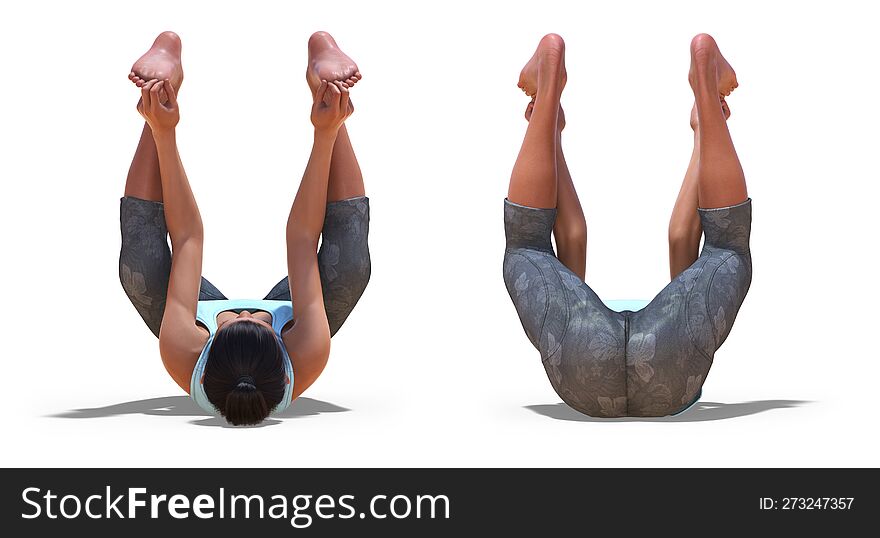 Front and Back Poses of a Woman in Yoga Happy Baby Pose with a white background