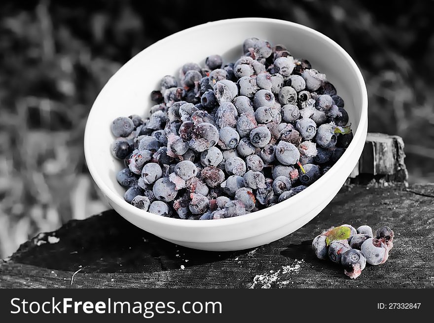 Frozen bilberries in a ceramic bowl on a tree stump on a black and white background. Frozen bilberries in a ceramic bowl on a tree stump on a black and white background