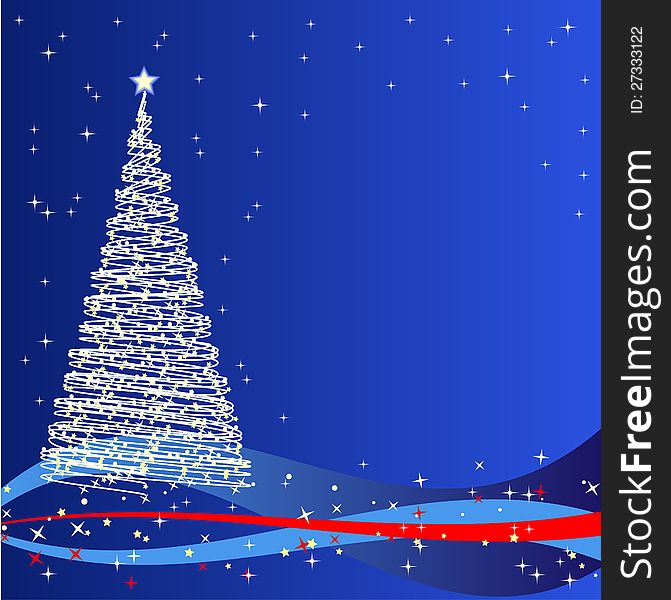 sverayuschaya Christmas tree on a blue background with lights and ribbons. sverayuschaya Christmas tree on a blue background with lights and ribbons