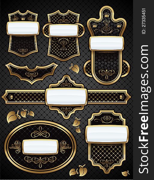 Illustration set of luxurious black and gold label in the old style with monograms. Illustration set of luxurious black and gold label in the old style with monograms