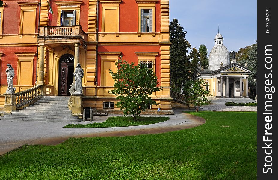 The neoclassical Villa Bisighini: town hall, funerary temple and gardens of Carbonara Po, italian town in the Mantua province, Italy. The neoclassical Villa Bisighini: town hall, funerary temple and gardens of Carbonara Po, italian town in the Mantua province, Italy