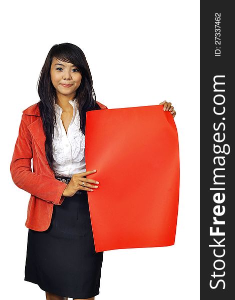 Asian business woman holding red banner isolated over white background. You can put your message on the banner. Asian business woman holding red banner isolated over white background. You can put your message on the banner