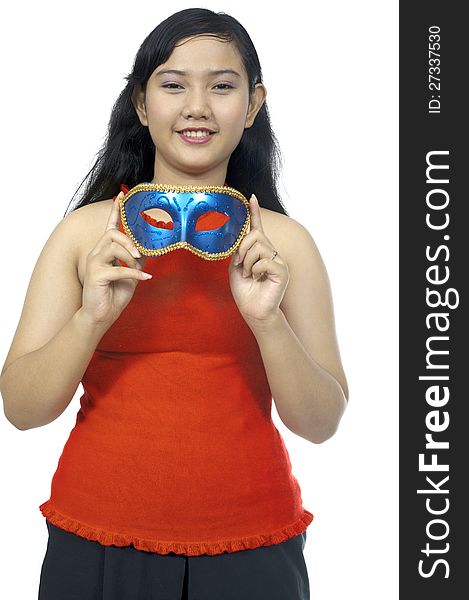 Fat asian chubby girl wear mask isolated over white background. Fat asian chubby girl wear mask isolated over white background