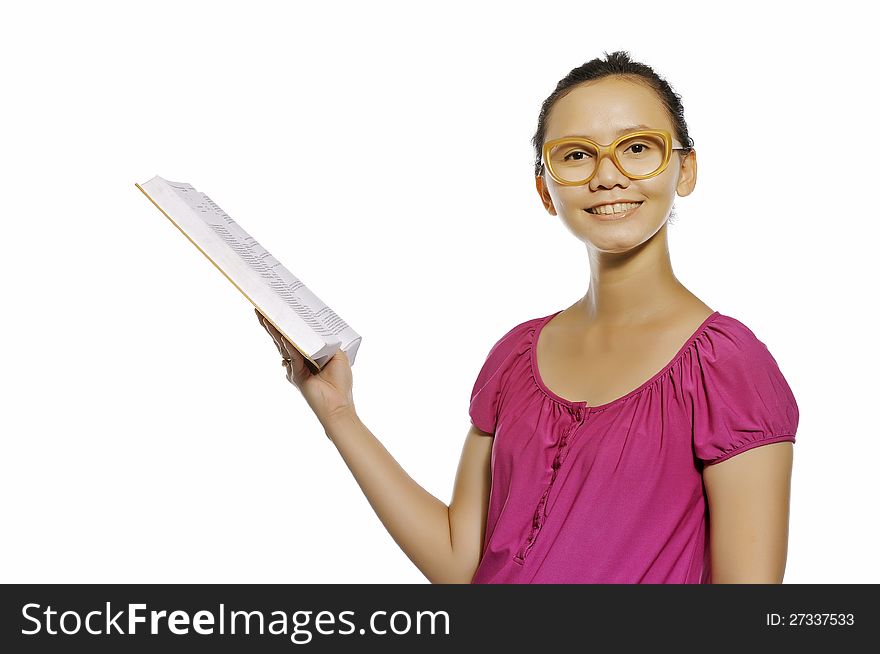 Asian college student reading book isolated over white background