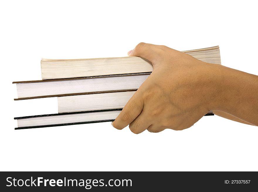 Holding a pile of books in the hand isolate over white background