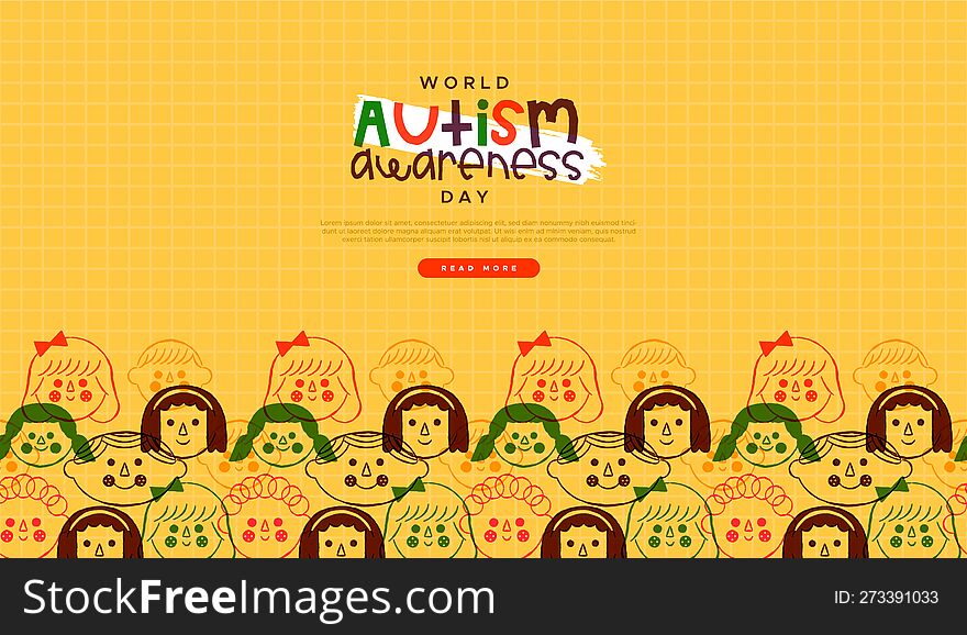 World Autism Awareness Day Web Template Illustration Of Diverse Colorful Children Cartoon Faces In Vintage Hand Drawn Style. Autis