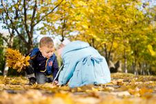 Brother And Sister Playing In Fall Leaves Stock Images