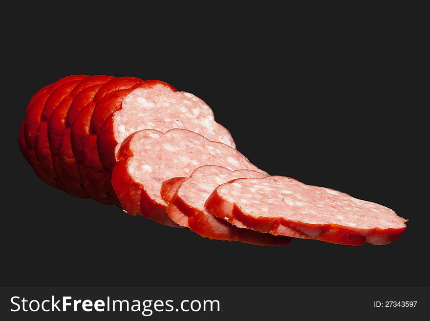 Fresh salami isolated on grey background