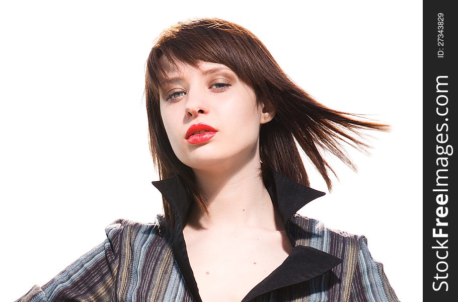 Close-up portrait of a beautiful girl on white