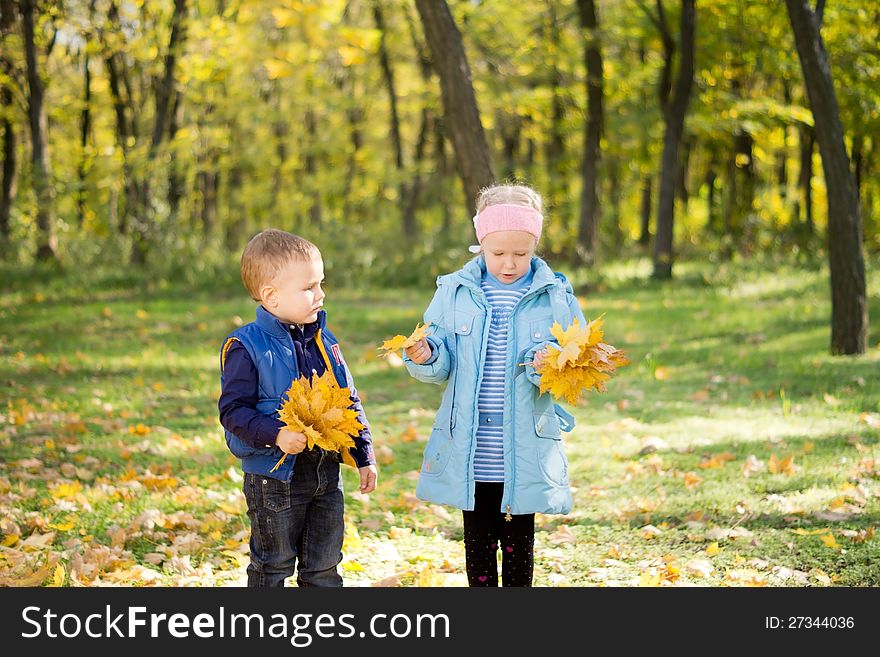 Brother and sister with autumn leaves in their hands walking through fall woodland