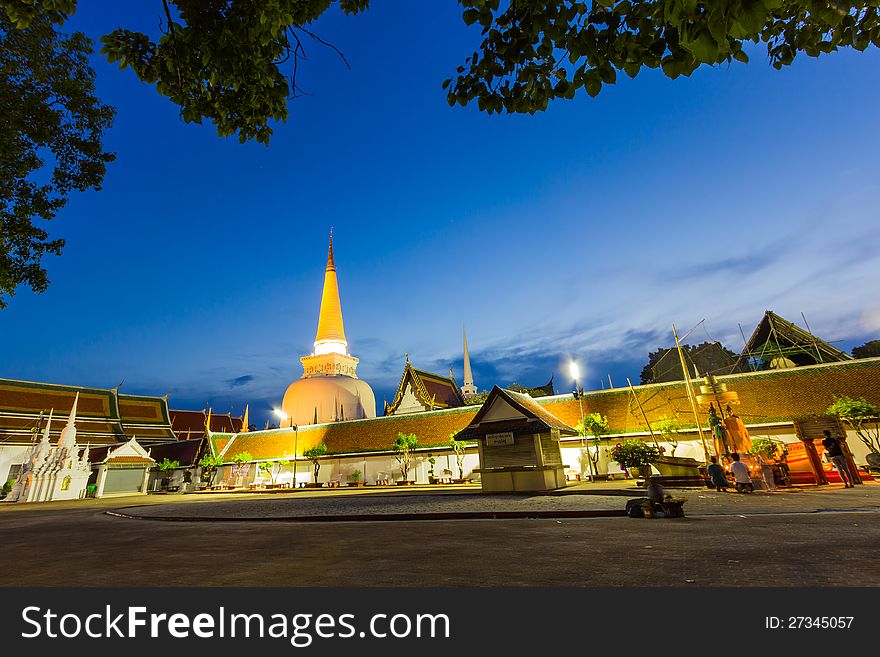 Place of worship for buddism after sunset at southern thailand, Wat Phra Mahathat Woramahawihan. Place of worship for buddism after sunset at southern thailand, Wat Phra Mahathat Woramahawihan