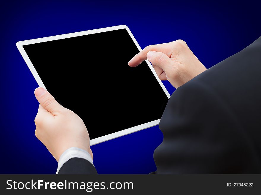 Businessman holding digital tablet, Blue Background