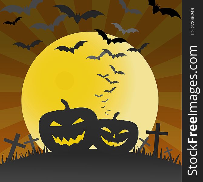 Halloween pumpkins and bats background for your design