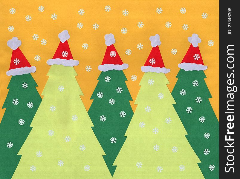 A handmade background of five Christmas trees wearing Santa Claus hats for Christmas card background use. A handmade background of five Christmas trees wearing Santa Claus hats for Christmas card background use