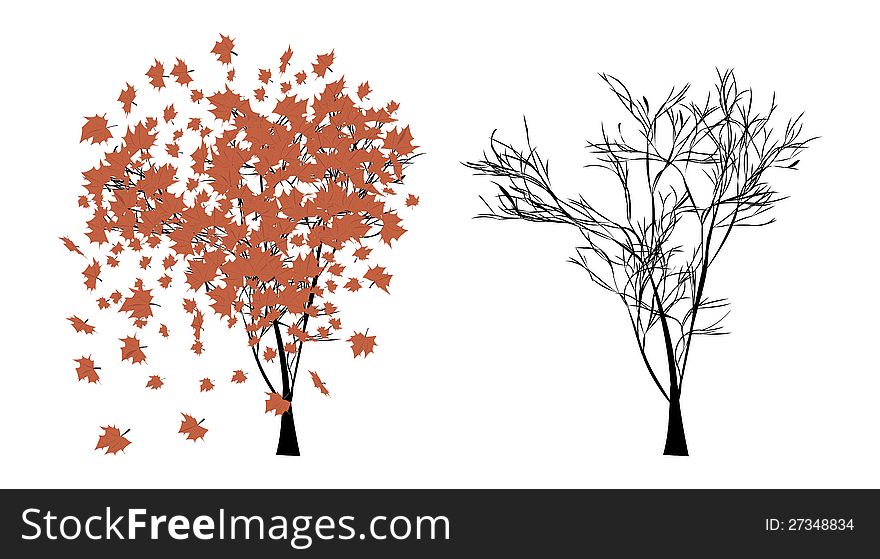 Illustration of autumn tree with beautiful flying leaves.