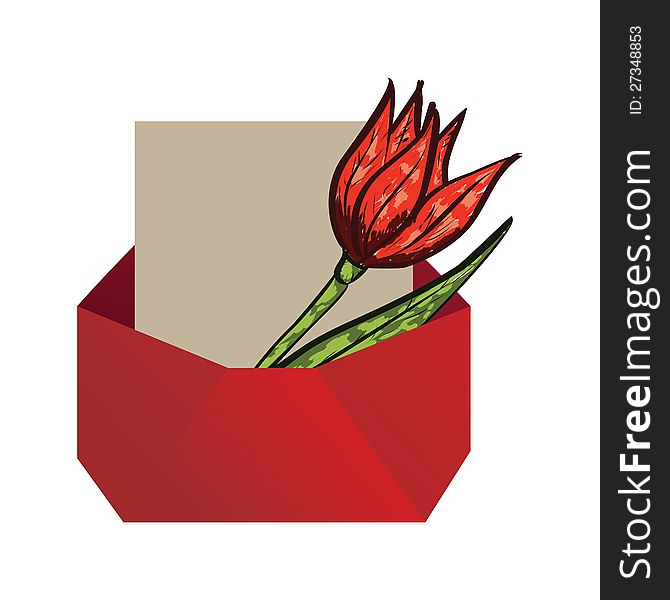 Illustration of red tulip in envelope with paper background. Illustration of red tulip in envelope with paper background.