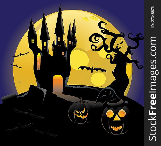 Illustration of halloween castle silhouettes with fullmoon and pumpkins background. Illustration of halloween castle silhouettes with fullmoon and pumpkins background.