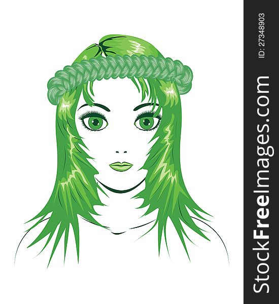 Abstract illustration of girl's face and braid of green color. Abstract illustration of girl's face and braid of green color.