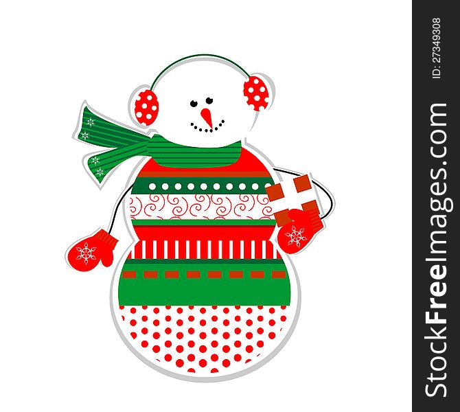 Ornamental smiling snowman with gift in his hand