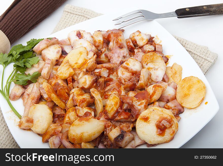 Galician octopus with potatoes and red pepper