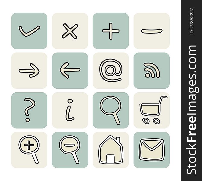 Doodle hand drawn vector icons set. Website tools symbols button set for e-commerce and web design.