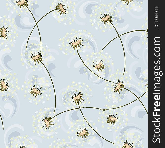 Delicate blue seamless texture with dandelions and symbols of wind. Delicate blue seamless texture with dandelions and symbols of wind