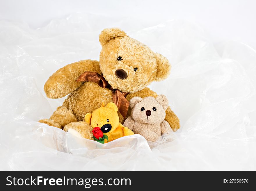 Three teddy-bears sitting together in white