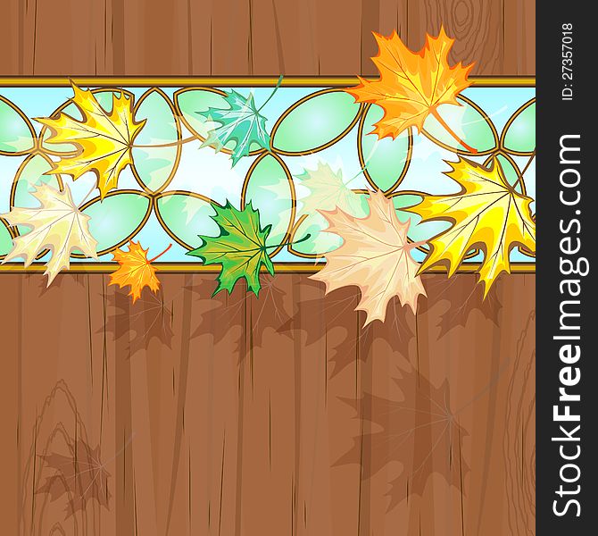 Maple leaves over wood decorated with stained glass. Maple leaves over wood decorated with stained glass